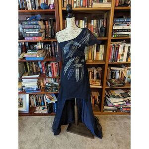 BCBGMAXAZRIA one shoulder blue high-low silk mesh metallic paint dress sz 8 euc